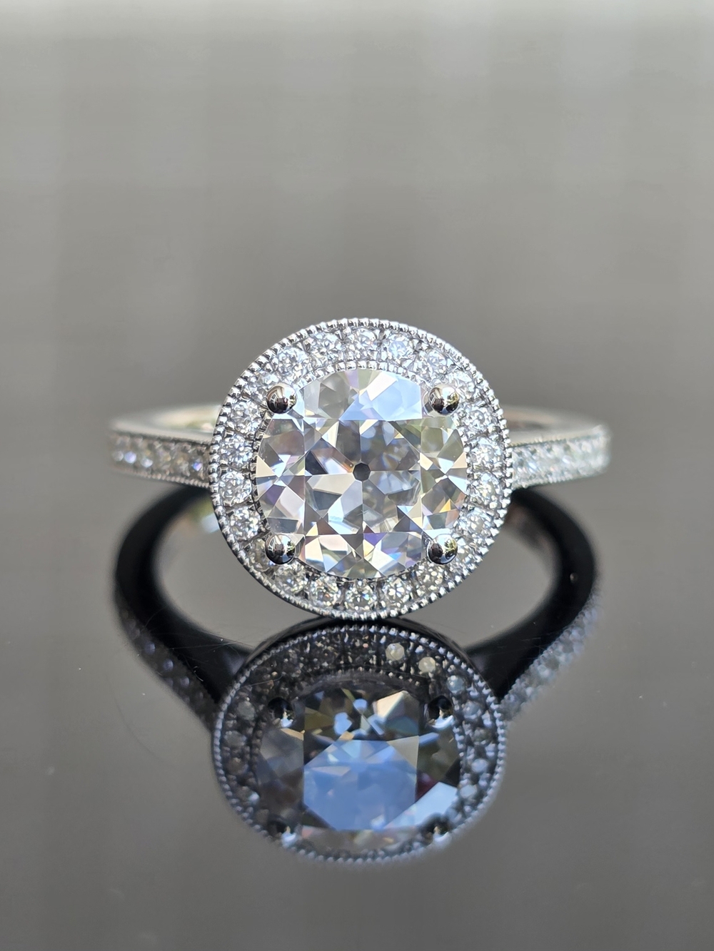 Silver 2 Carat Round Halo Old European Cut OEC Moissanite Ring